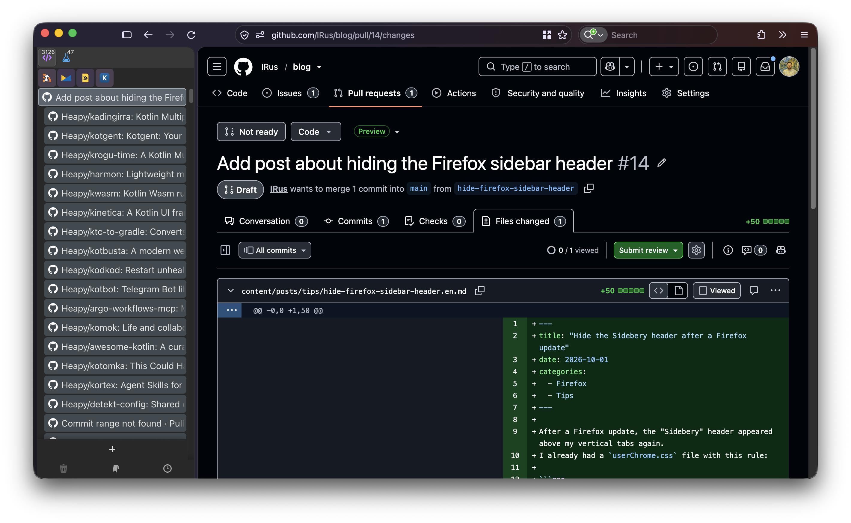 Firefox on macOS with Sidebery, a hidden horizontal tab bar and sidebar header, and space beside the window controls